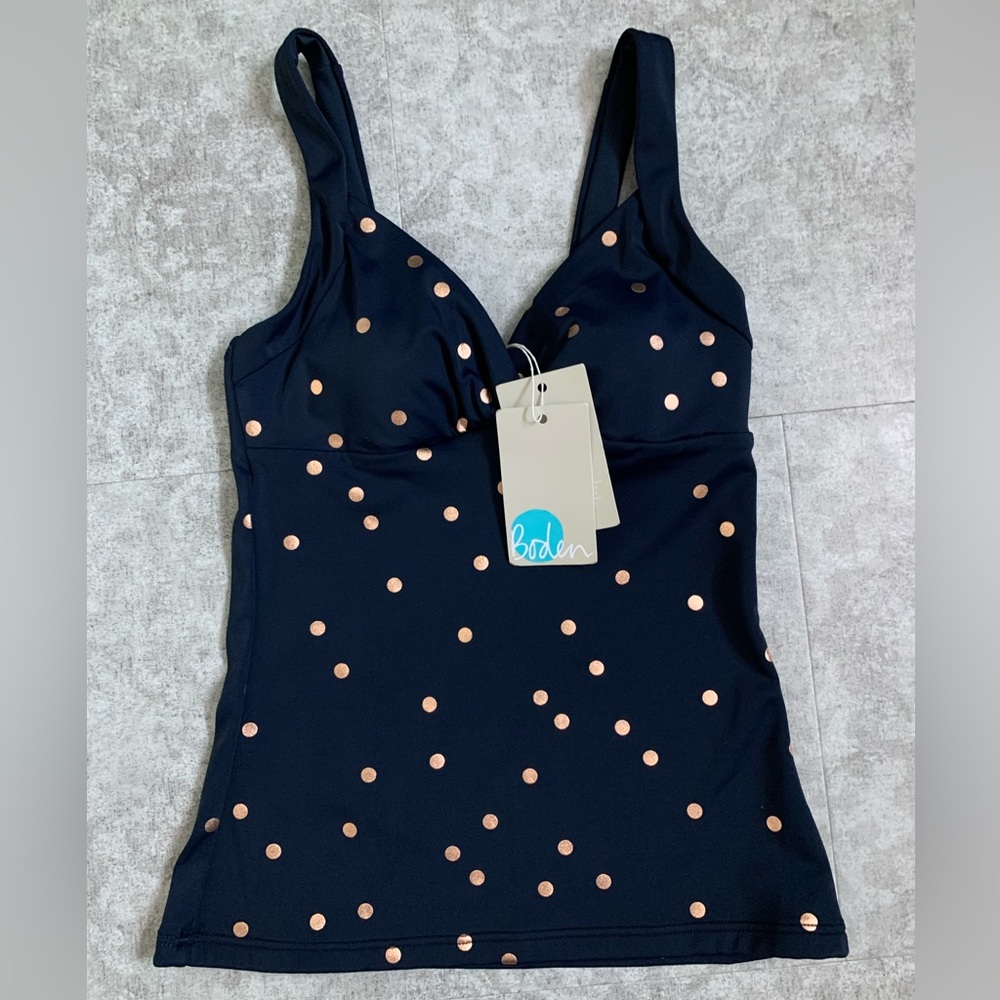 Boden NWT TANKINI. Navy Blue with gold polka dots. Size US4
